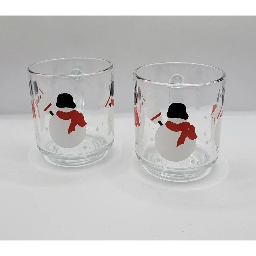 Pair Of 2 Crate & Barrel Luminarc Snowman Snowflakes 10 Oz Glass Coffee Tea Mugs